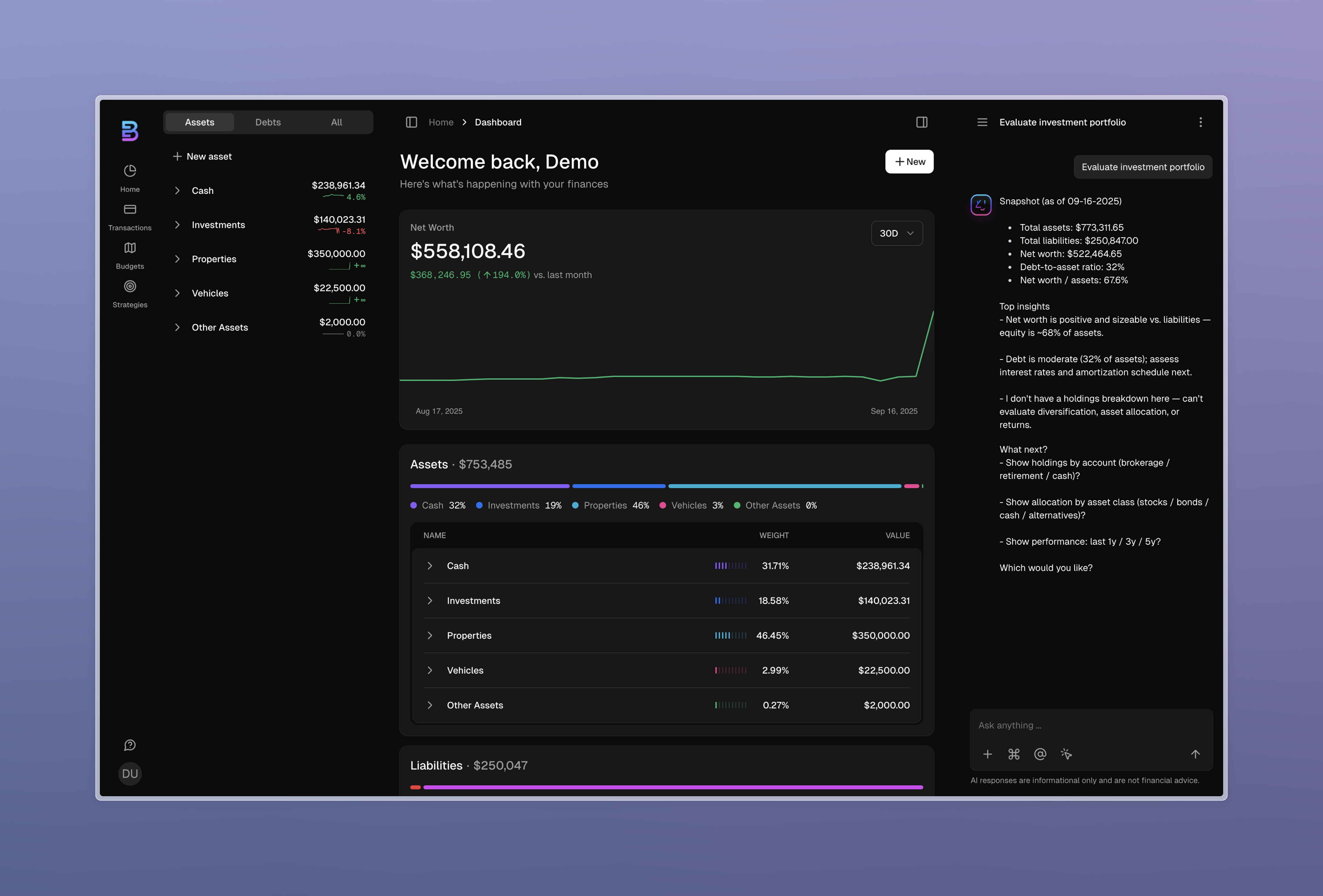 Budgefy Dashboard - Financial assistance interface showing assets, investments, and net worth tracking
